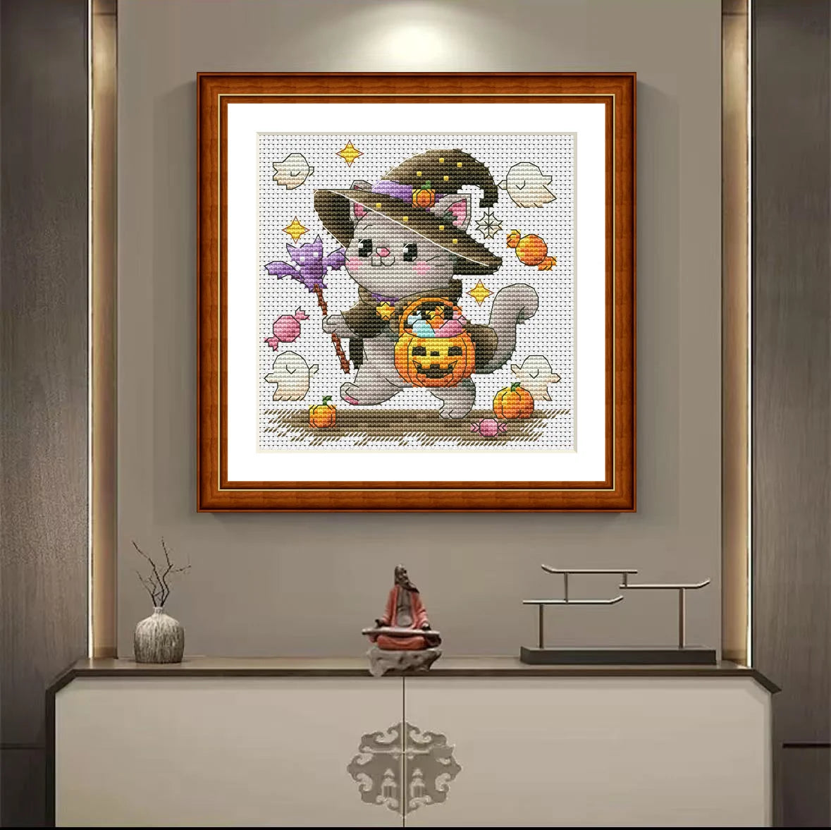 1set DIY Printed Cross Stitch Kit, 【Pumpkin Cat 1】threads embroidery