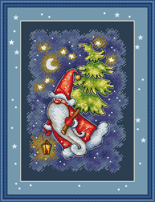 Santa Claus with Christmas Tree Cross Stitch Pattern