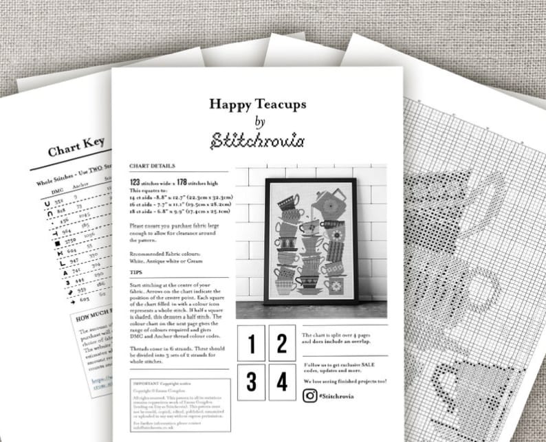 Happy Teacups Sampler - Cross Stitch Pattern (Digital Format - PDF)