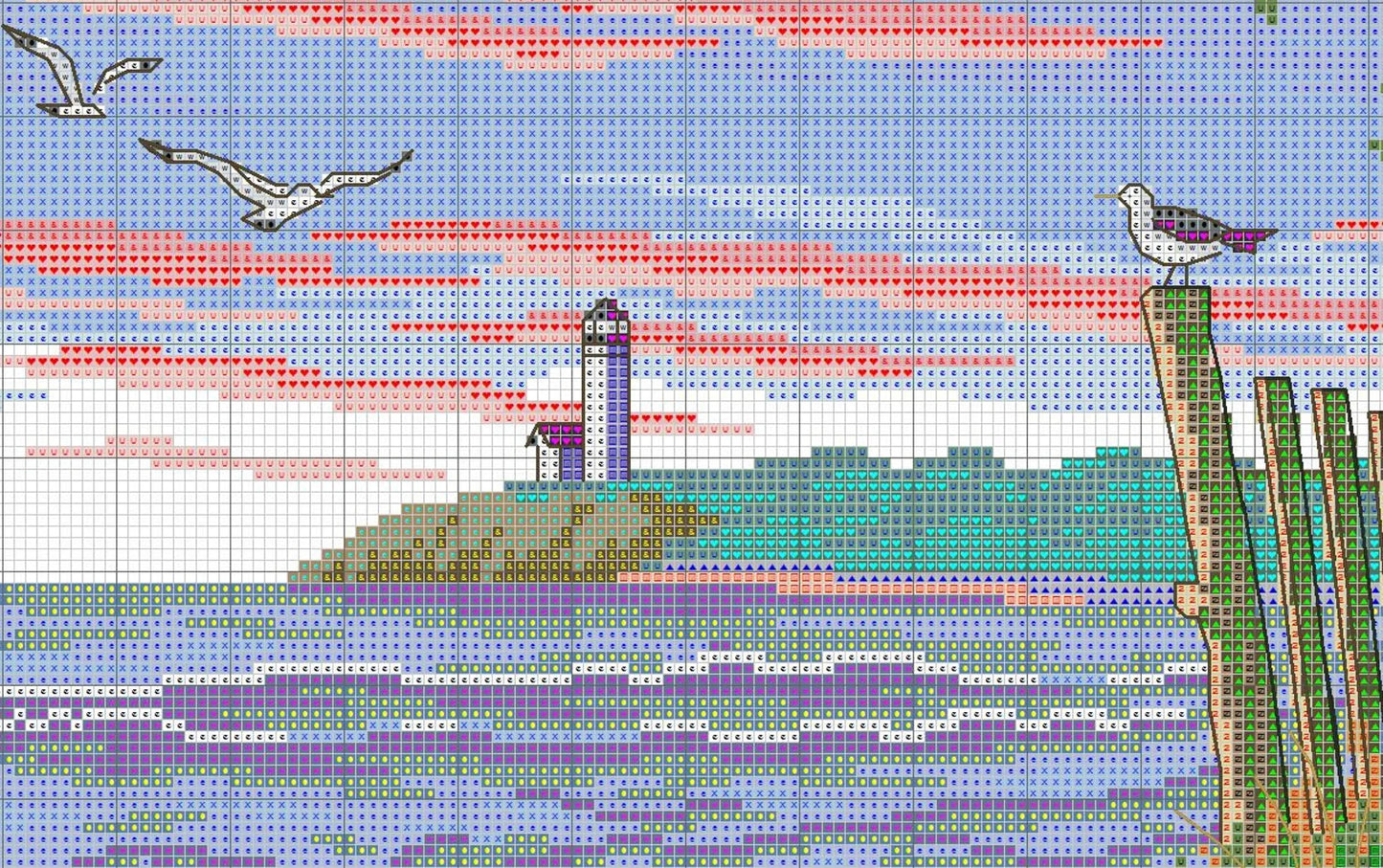 Beauty of the Beach Counted Cross Stitch Pattern Digital Pattern Modern Decor Landscape Pattern Hand Embroidery Needlepoint Seagulls Sea