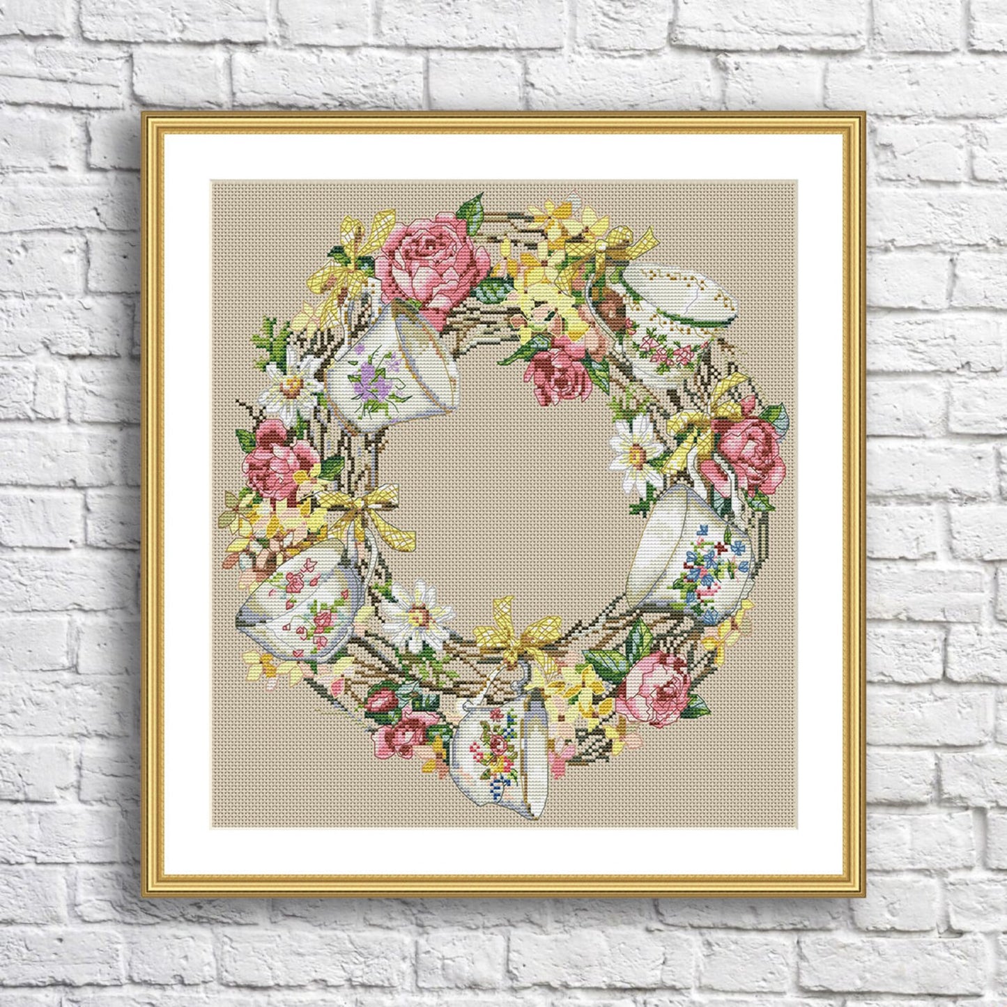 Wreath with cups Cross Stitch Pattern Kitchen Decor Hand Embroidery Needlepoint Counted cross stitch Roses Daffodils Spring Doors Wreath