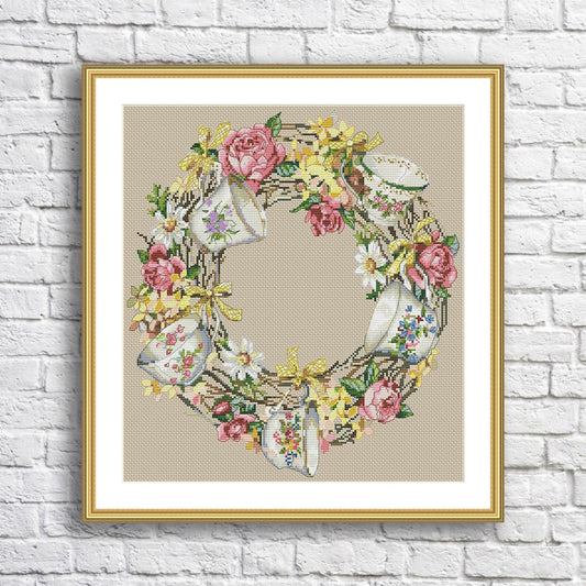 Wreath with cups Cross Stitch Pattern Kitchen Decor Hand Embroidery Needlepoint Counted cross stitch Roses Daffodils Spring Doors Wreath