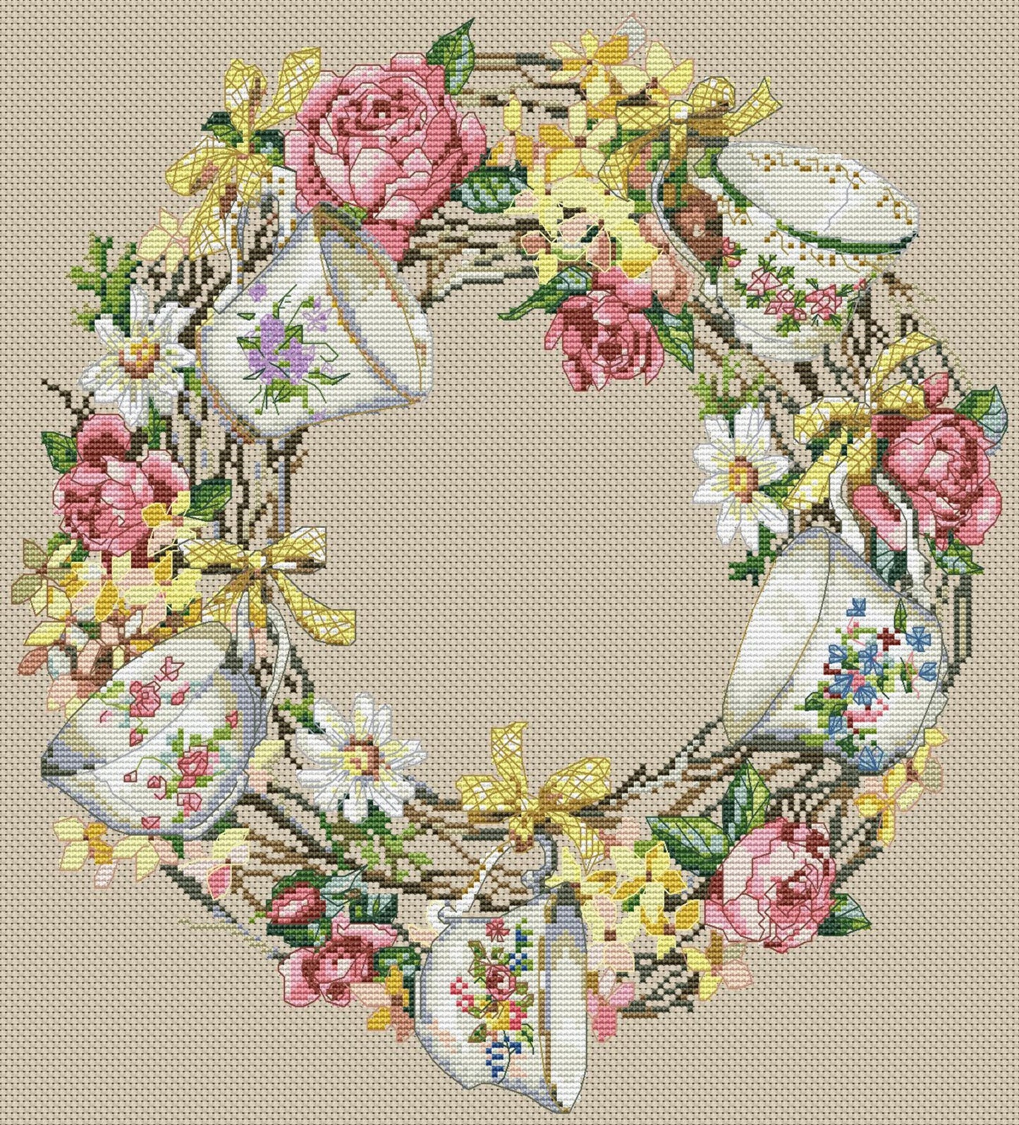 Wreath with cups Cross Stitch Pattern Kitchen Decor Hand Embroidery Needlepoint Counted cross stitch Roses Daffodils Spring Doors Wreath