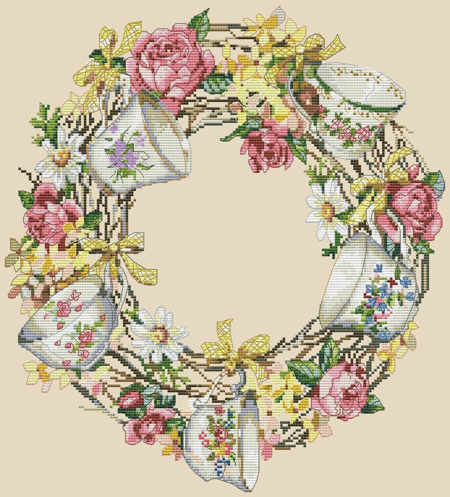 Wreath with cups Cross Stitch Pattern Kitchen Decor Hand Embroidery Needlepoint Counted cross stitch Roses Daffodils Spring Doors Wreath