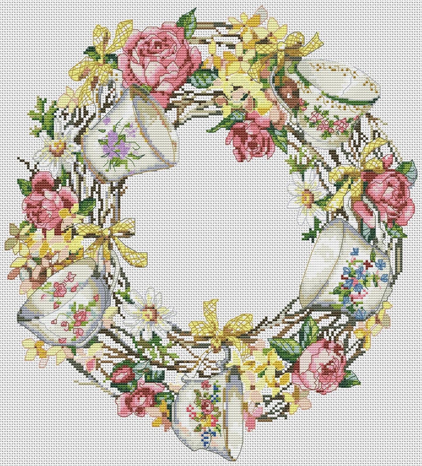 Wreath with cups Cross Stitch Pattern Kitchen Decor Hand Embroidery Needlepoint Counted cross stitch Roses Daffodils Spring Doors Wreath