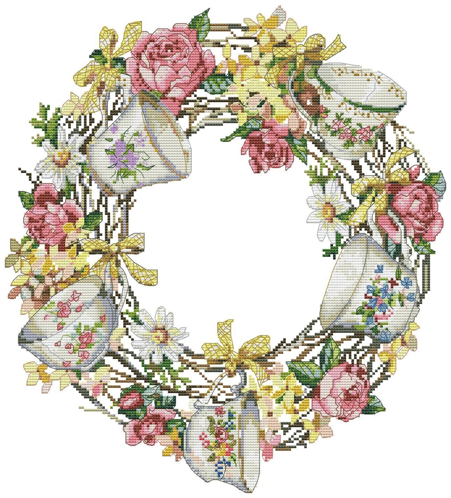 Wreath with cups Cross Stitch Pattern Kitchen Decor Hand Embroidery Needlepoint Counted cross stitch Roses Daffodils Spring Doors Wreath