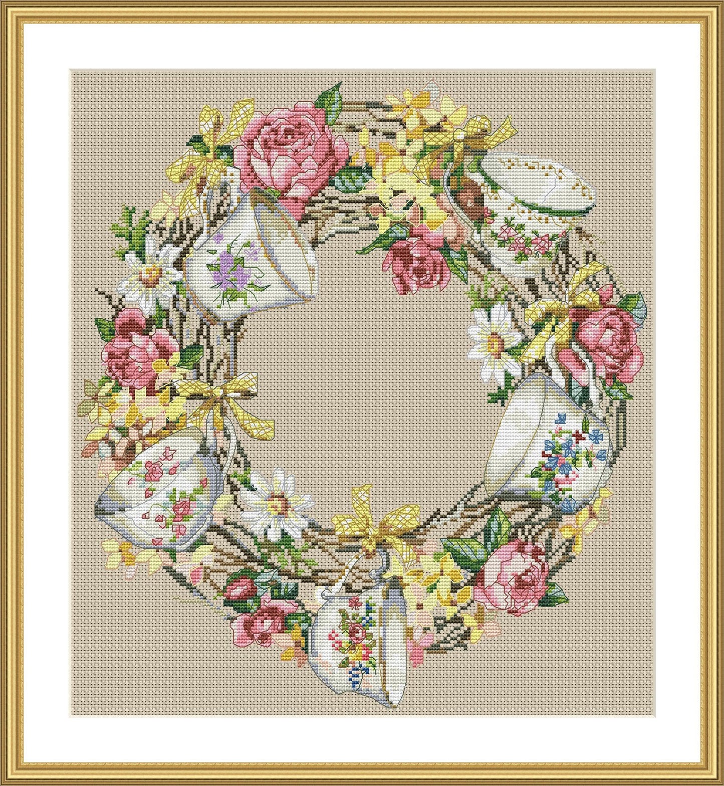 Wreath with cups Cross Stitch Pattern Kitchen Decor Hand Embroidery Needlepoint Counted cross stitch Roses Daffodils Spring Doors Wreath