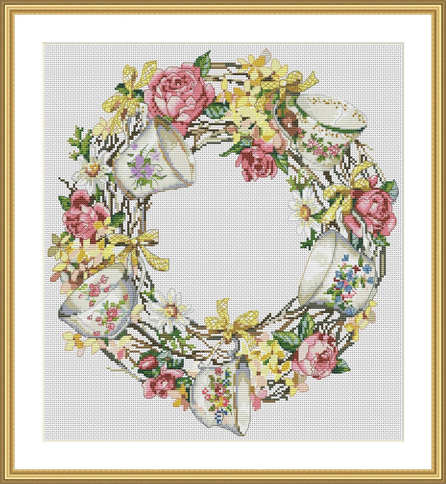 Wreath with cups Cross Stitch Pattern Kitchen Decor Hand Embroidery Needlepoint Counted cross stitch Roses Daffodils Spring Doors Wreath