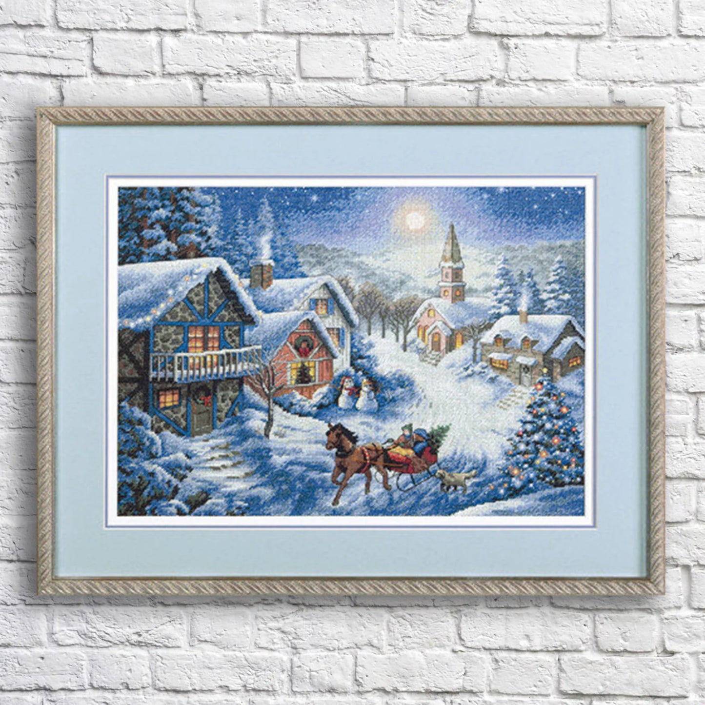 Sleigh Ride Counted Cross Stitch Pattern Christmas Village Winter Landscape Hand Embroidery Needlepoint Chart Cottage Digital Pattern PDF