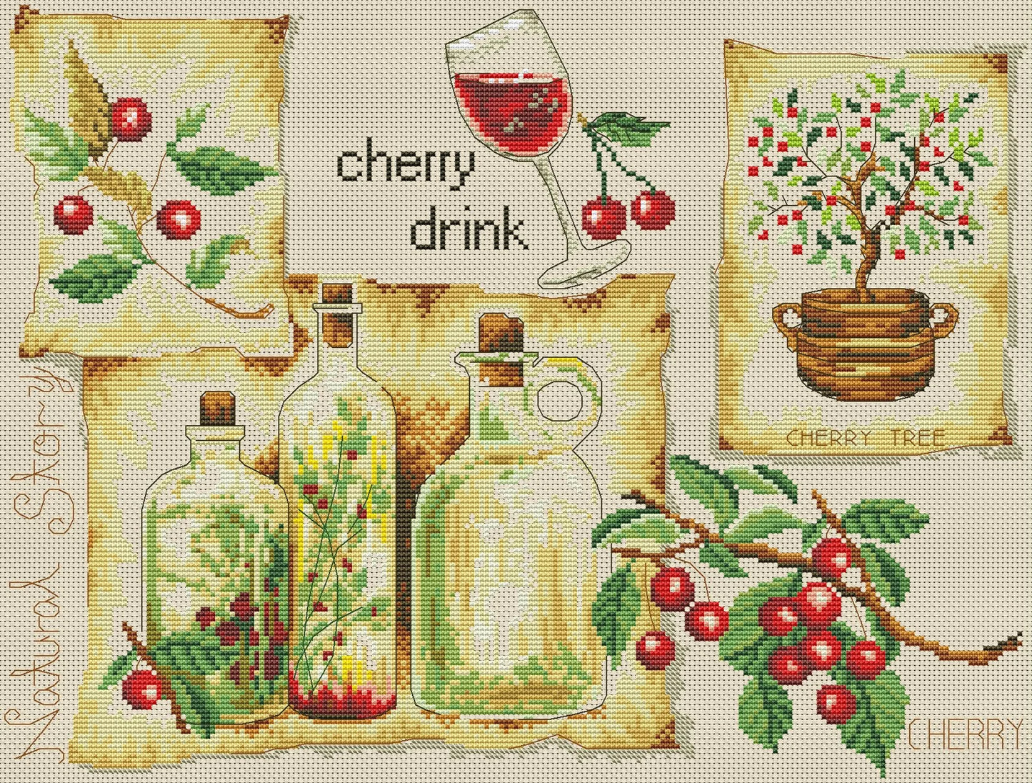 Kitchen Cross Stitch Pattern Cherry Drink Digital Pattern Kitchen Still Life Modern Decor Pattern Glass of wine Embroidery Needlepoint chart