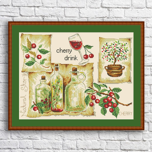 Kitchen Cross Stitch Pattern Cherry Drink Digital Pattern Kitchen Still Life Modern Decor Pattern Glass of wine Embroidery Needlepoint chart