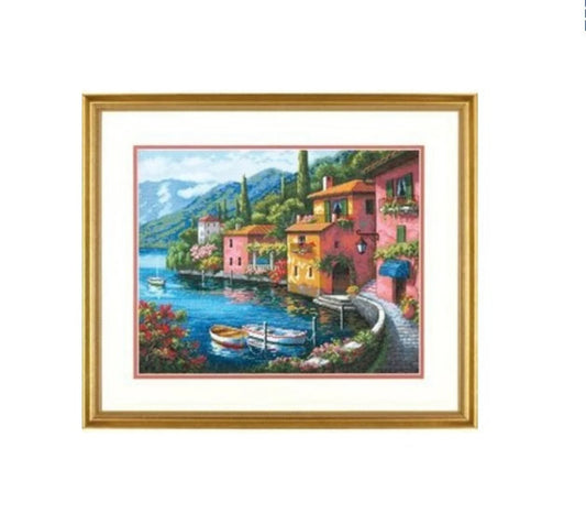 Italian Lakeside Village Cross Stitch Pattern – Scenic Village & Nature Design – Instant Digital PDF Download