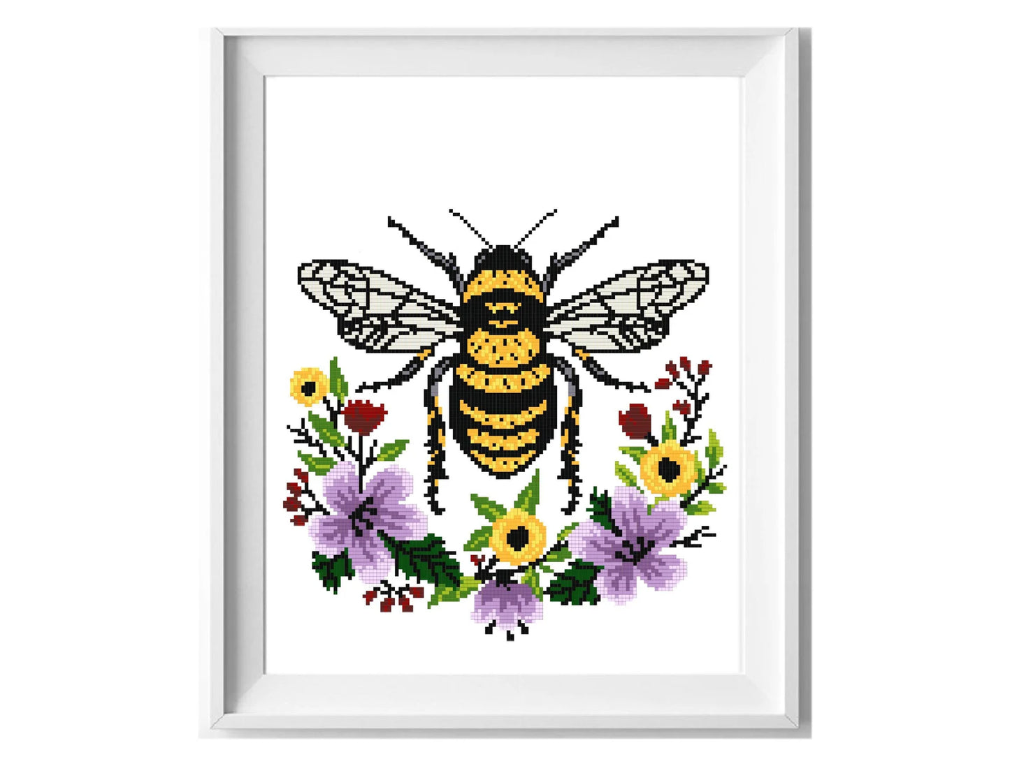 Honey bee Modern Cross Stitch Pattern, flowers wreath, insect counted cross stitch chart, nature, hoop embroidery, Instant download PDF