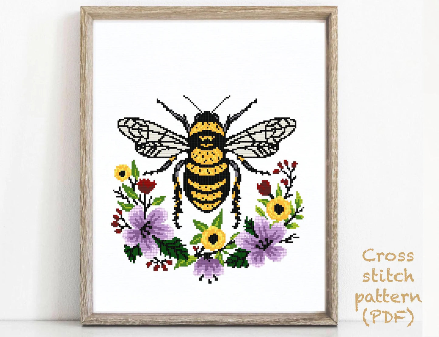 Honey bee Modern Cross Stitch Pattern, flowers wreath, insect counted cross stitch chart, nature, hoop embroidery, Instant download PDF