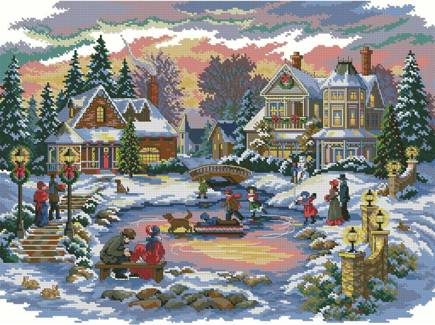 Treasure time Counted Cross Stitch Pattern Christmas Village Winter Landscape Hand Embroidery Needlepoint Chart Cottage Santa Pattern PDF