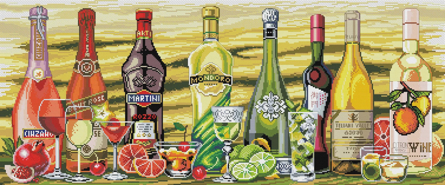 Bottle Wine Cross Stitch Pattern Still Life Kitchen Decor Hand Embroidery Needlepoint Chart Counted cross stitch Glass Shot Cocktail Fruit