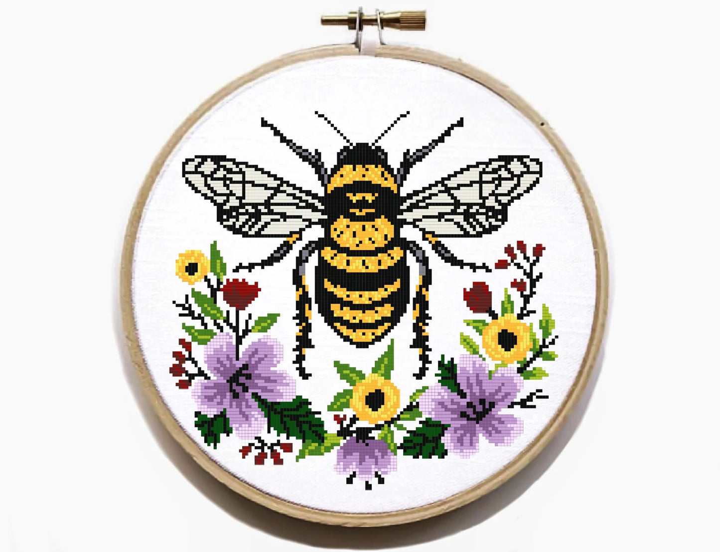 Honey bee Modern Cross Stitch Pattern, flowers wreath, insect counted cross stitch chart, nature, hoop embroidery, Instant download PDF