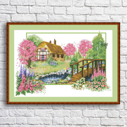 Spring landscape Counted Cross Stitch Pattern Village House Hand Embroidery Needlepoint Chart Cottage Pattern PDF Modern Cross Stitch