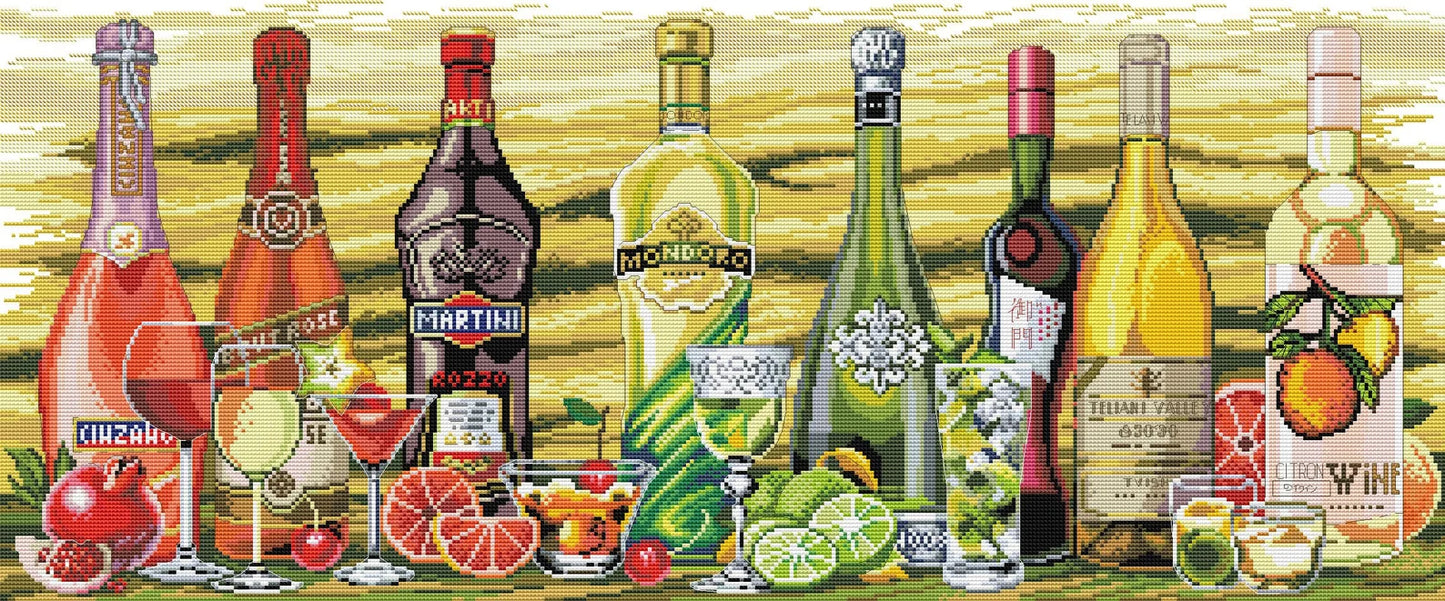 Bottle Wine Cross Stitch Pattern Still Life Kitchen Decor Hand Embroidery Needlepoint Chart Counted cross stitch Glass Shot Cocktail Fruit