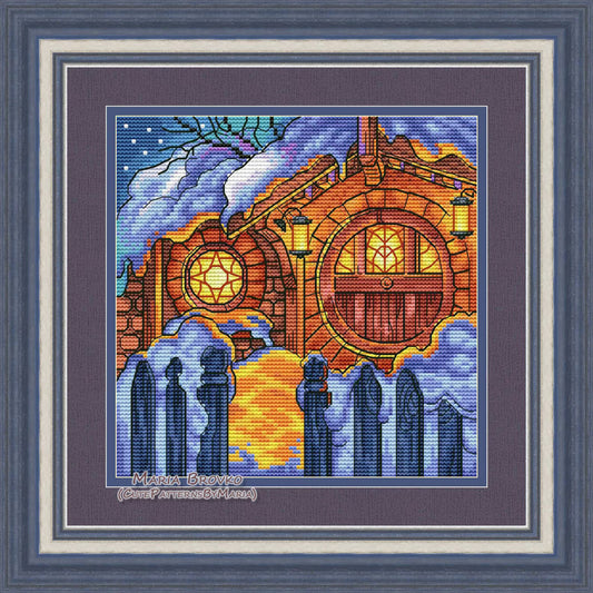 Cross Stitch Pattern "Halfling's house in winter night" DMC Needlepoint Pattern Embroidery Chart Printable PDF Instant Download