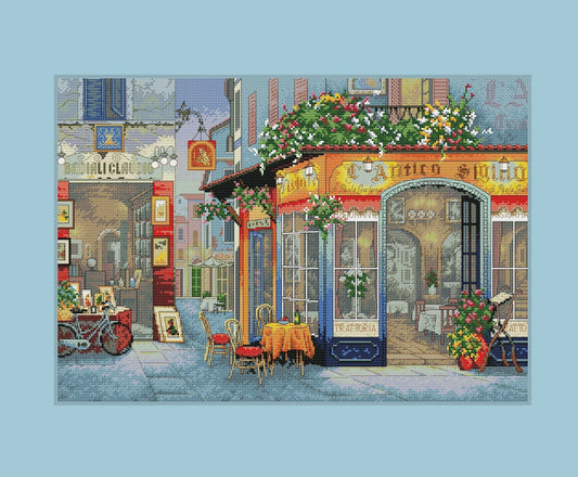 City Street Cross Stitch Pattern City landscape Cafe Needlepoint Pattern Printable PDF Instant Download X-stitch Needlepoint Pattern