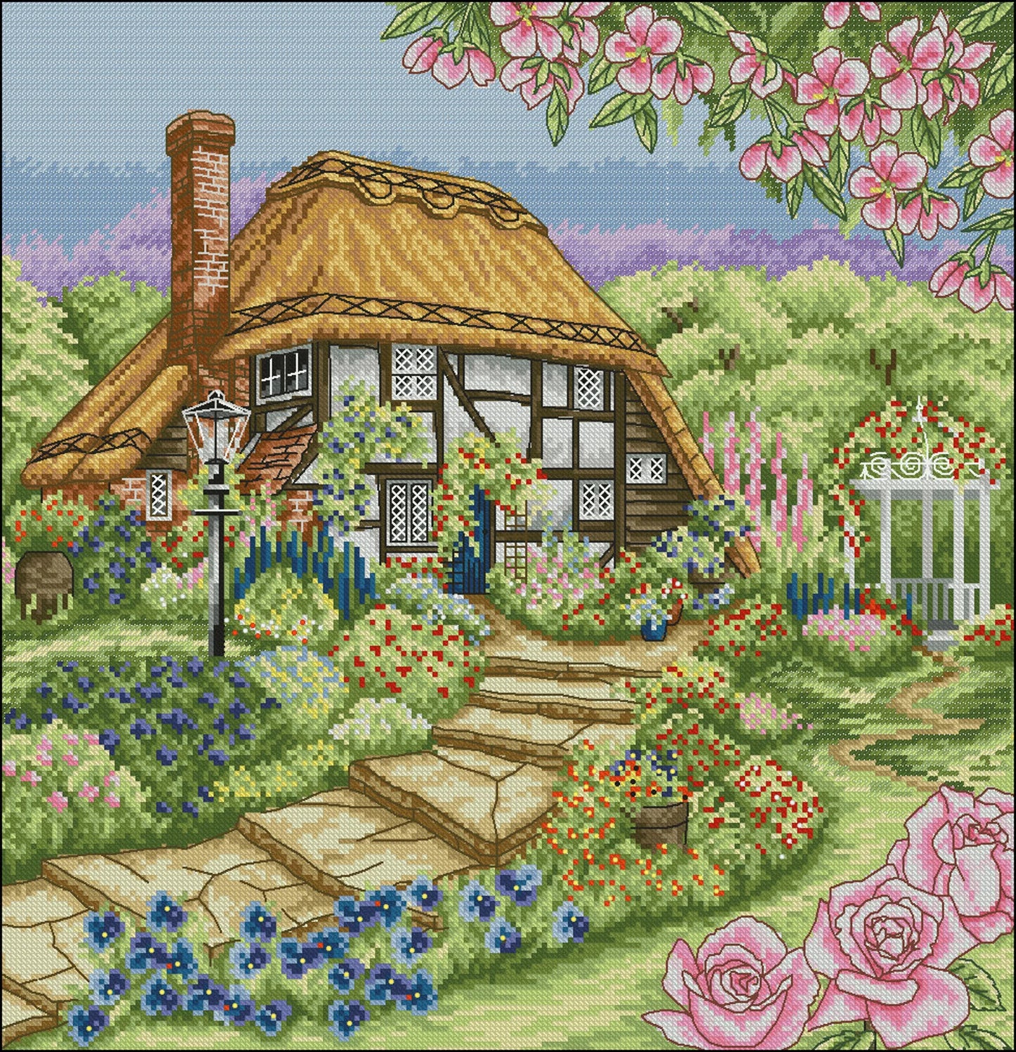 House Cross Stitch Pattern Village House Colorful Art DIY X-stitch Needlepoint Pattern Embroidery Chart Printable Instant Download PDF Decor