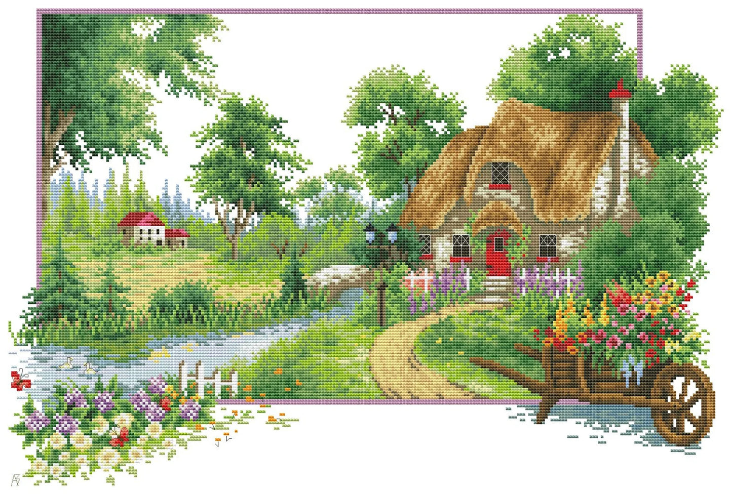 Summer landscape, Counted Cross Stitch Pattern, Village House, Hand Embroidery, Needlepoint Chart, Cottage Pattern PDF, Modern Cross Stitch