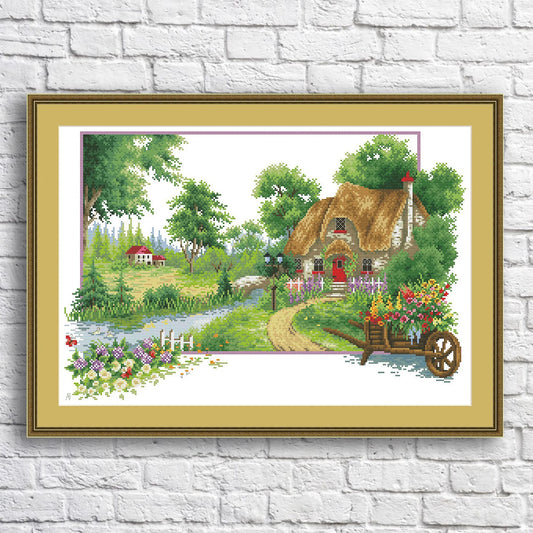 Summer landscape, Counted Cross Stitch Pattern, Village House, Hand Embroidery, Needlepoint Chart, Cottage Pattern PDF, Modern Cross Stitch