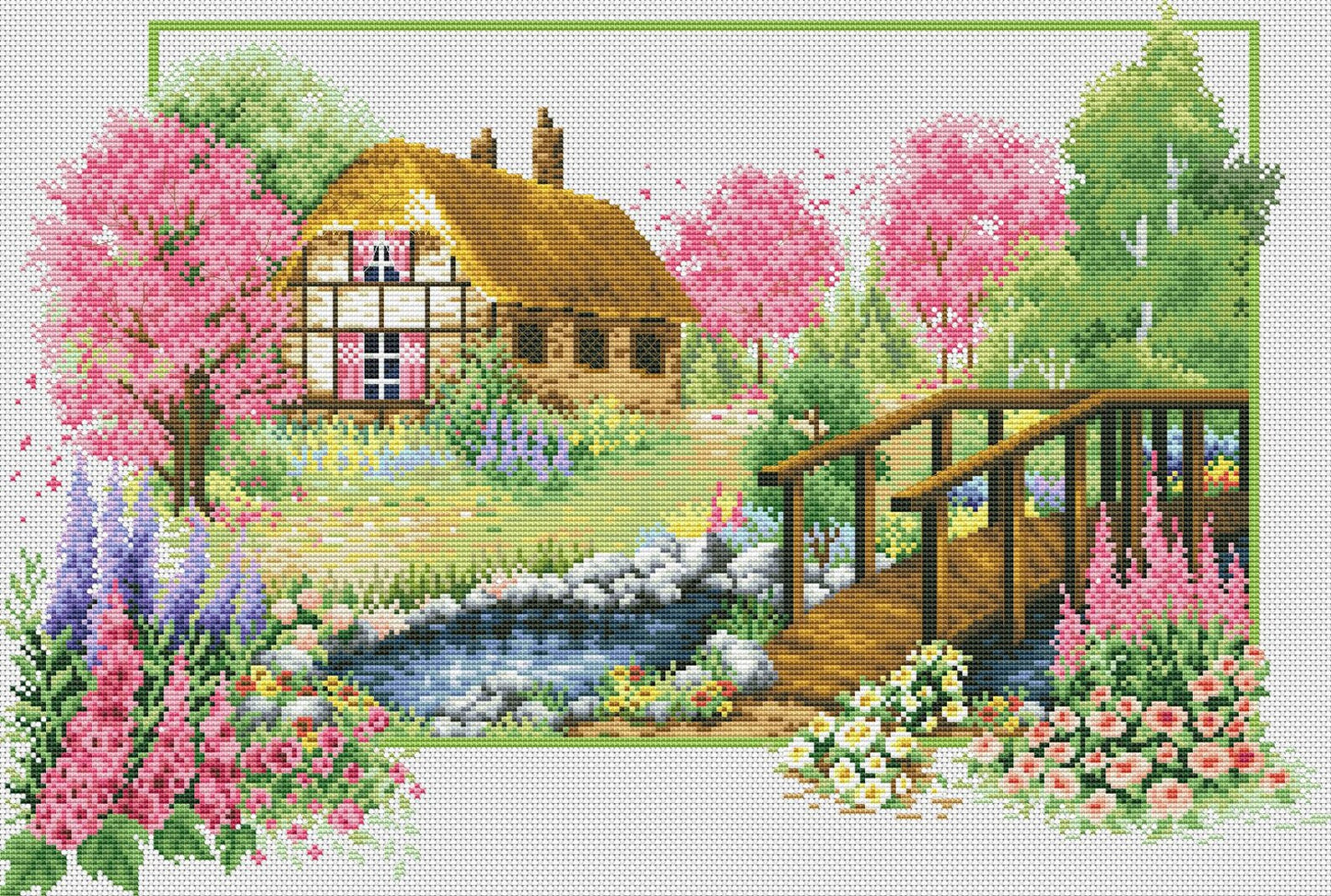 Spring landscape Counted Cross Stitch Pattern Village House Hand Embroidery Needlepoint Chart Cottage Pattern PDF Modern Cross Stitch