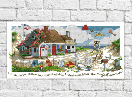 Summer Cross Stitch Pattern Beach House Colorful Chart Needlepoint Pattern Embroidery Chart Printable PDF Instant Download Design Decor