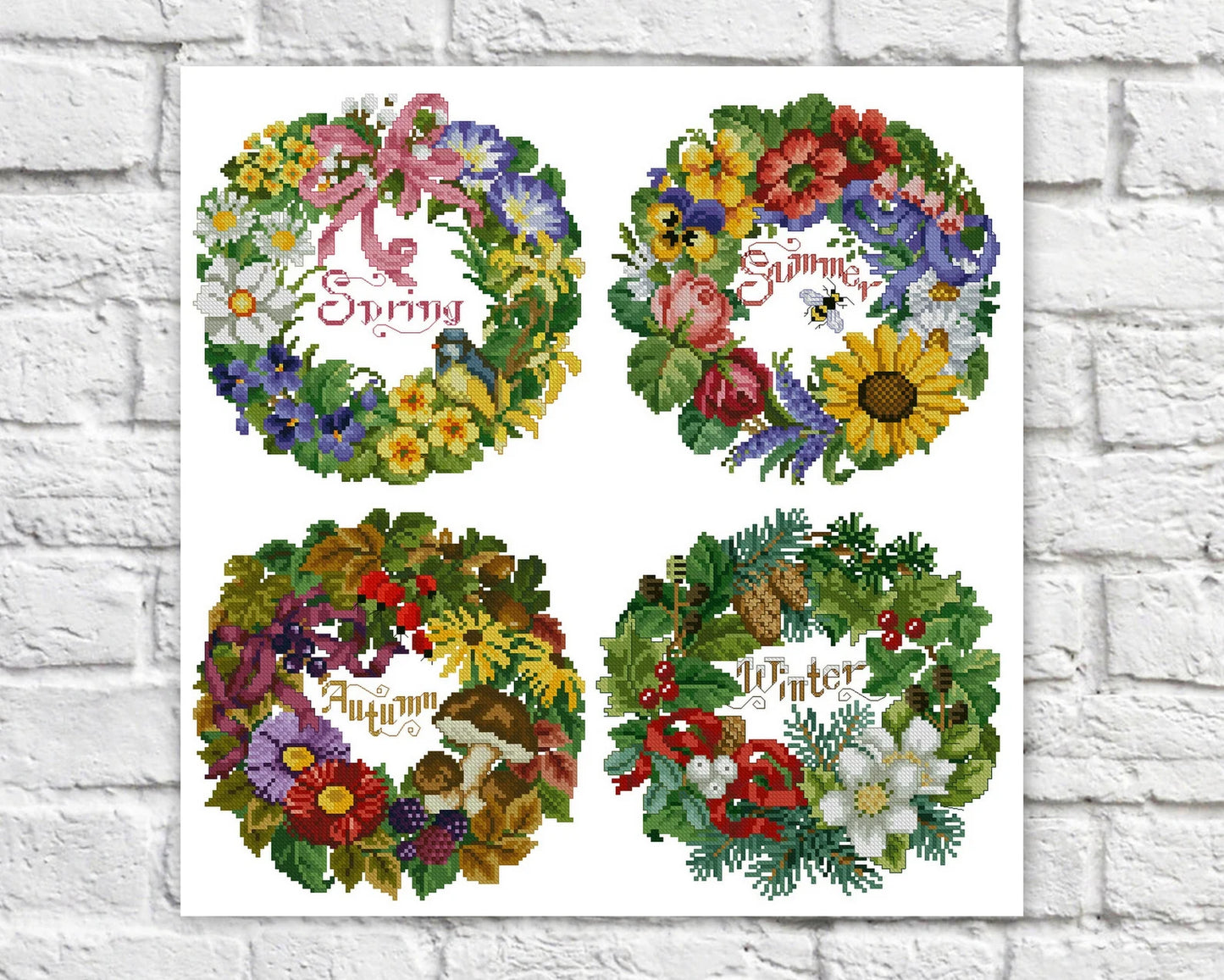Season Wreath Cross Stitch Patterns Flowers Wreath Colorful Art X-stitch Needlepoint Pattern Embroidery Chart Printable PDF Instant Download