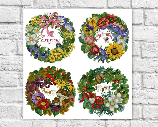 Season Wreath Cross Stitch Patterns Flowers Wreath Colorful Art X-stitch Needlepoint Pattern Embroidery Chart Printable PDF Instant Download
