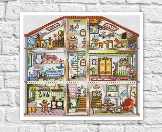 Doll House Cross Stitch Pattern Colorful Art DIY X-stitch Chart Needlepoint Pattern Embroidery Chart Printable Instant Download PDF Design