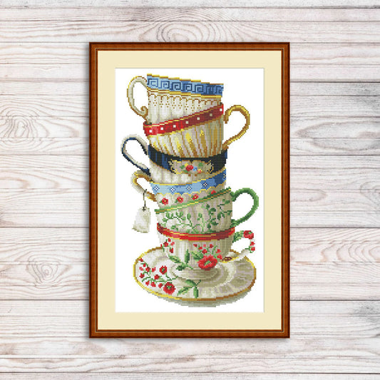 Kitchen Cross Stitch Pattern Tea Cups Pattern Kitchen Still Life Modern Decor Pattern Cups Mugs Napkins Embroidery Needlepoint chart PDF