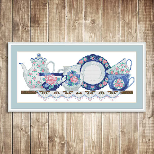 Kitchen Cross Stitch Pattern Shelf with Dishies Kitchen Still Life Modern Decor Pattern Cups Mugs Napkins Embroidery Needlepoint chart PDF