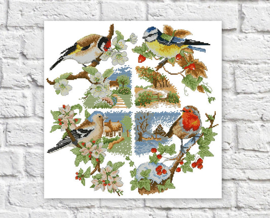 Seasons Cross Stitch Pattern Birds Colorful Art DIY X-stitch Needlepoint Pattern Embroidery Chart Printable Instant Download PDF Design