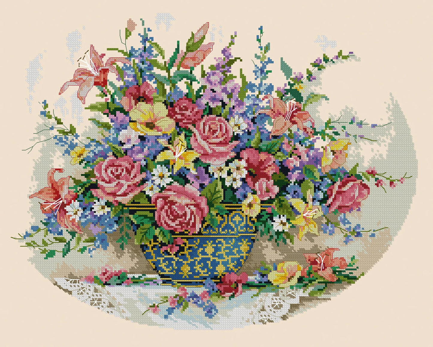 Flowers Bouquet Cross Stitch Pattern Colorful Art DIY X-stitch Needlepoint Pattern Embroidery Chart Printable Instant Download PDF Design