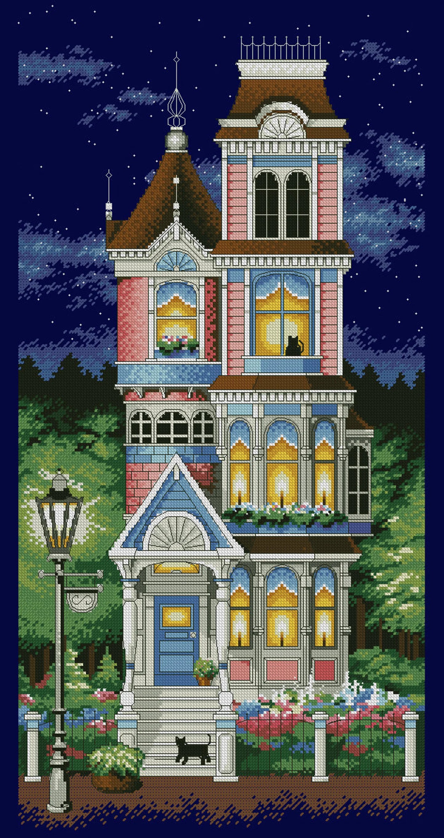 Victorian Houses Cross Stitch Pattern Colorful Art DIY X-stitch Needlepoint Pattern Embroidery Chart Printable Instant Download PDF Design