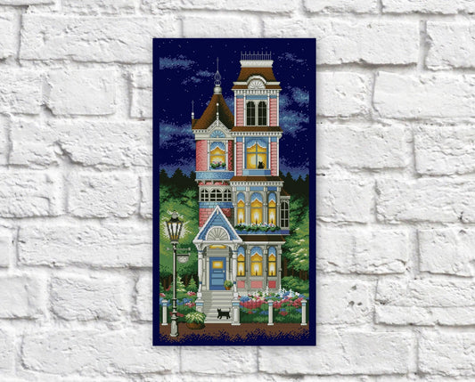 Victorian Houses Cross Stitch Pattern Colorful Art DIY X-stitch Needlepoint Pattern Embroidery Chart Printable Instant Download PDF Design