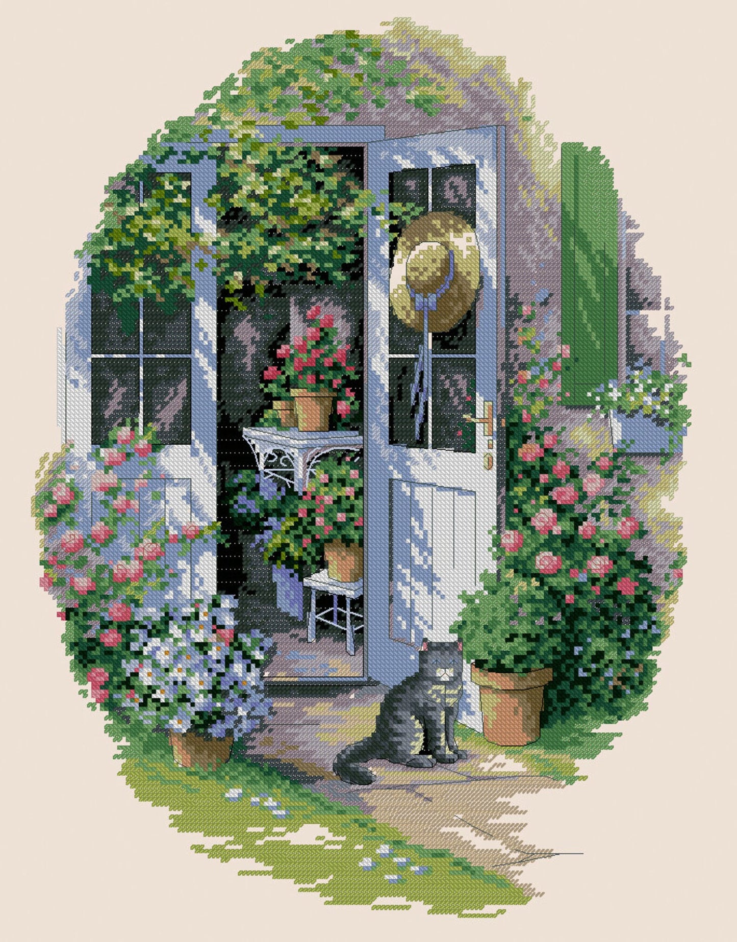 Garden Cross Stitch Pattern Door Colorful Art DIY X-stitch Chart Needlepoint Pattern Embroidery Chart Printable Instant Download PDF Design