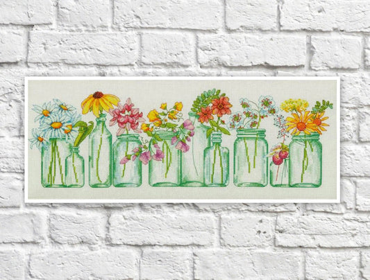 Flowers in Jars Cross Stitch Pattern Colorful Art DIY X-stitch Needlepoint Pattern Embroidery Chart Printable Instant Download PDF Design