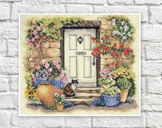 Garden House Cross Stitch Pattern Door Colorful Art DIY X-stitch Needlepoint Pattern Embroidery Chart Printable Instant Download PDF Design
