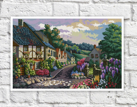 Village Cottage Cross Stitch Pattern Houses Colorful Art DIY X-stitch Needlepoint Embroidery Chart Printable Instant Download PDF Design