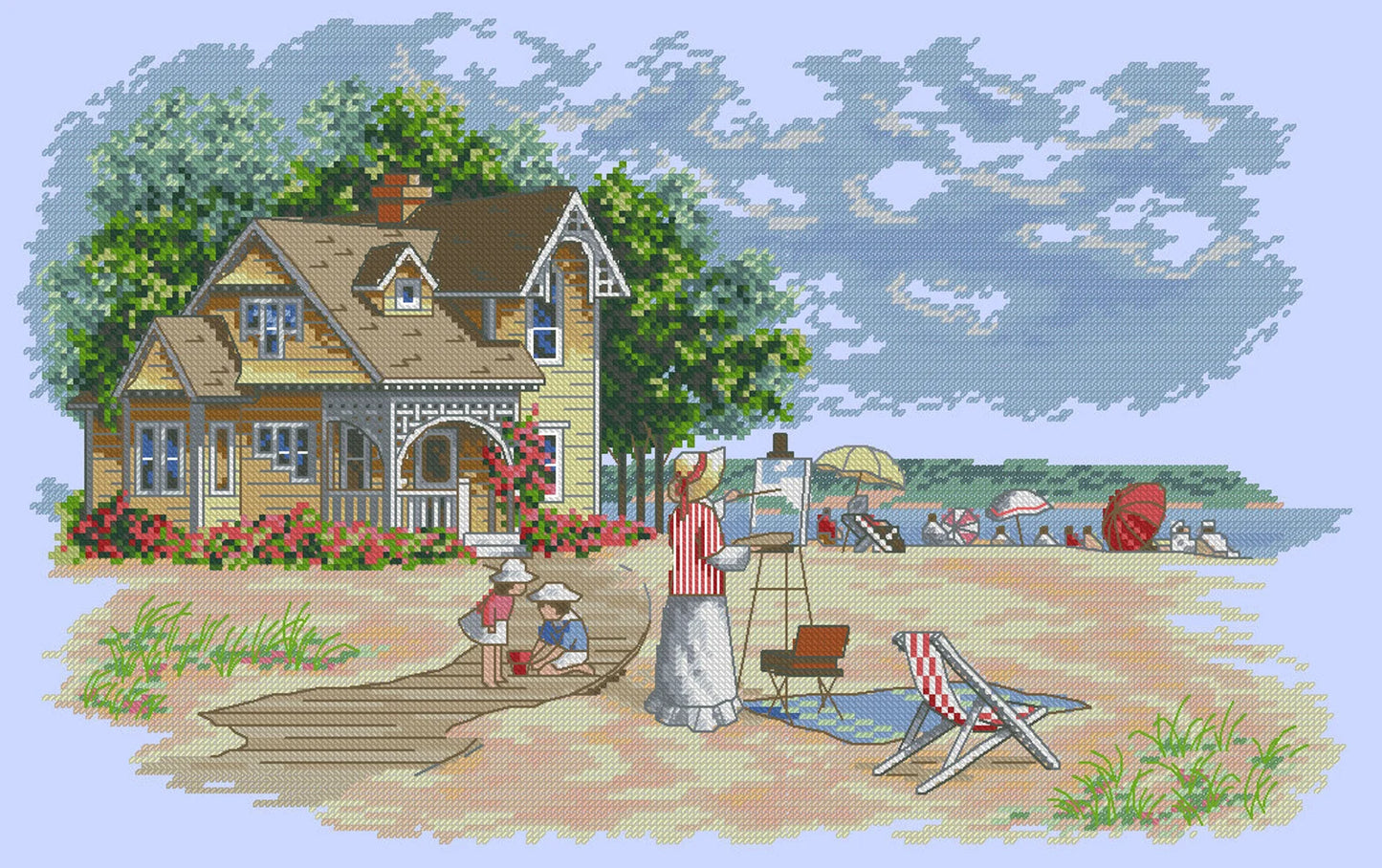 Beach House Cross Stitch Pattern Colorful Art DIY X-stitch Chart Needlepoint Pattern Embroidery Chart Printable PDF Instant Download Design