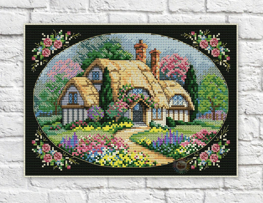 House Cross Stitch Pattern Cottage Colorful Art DIY X-stitch Needlepoint Pattern Embroidery Chart Printable Instant Download PDF Design