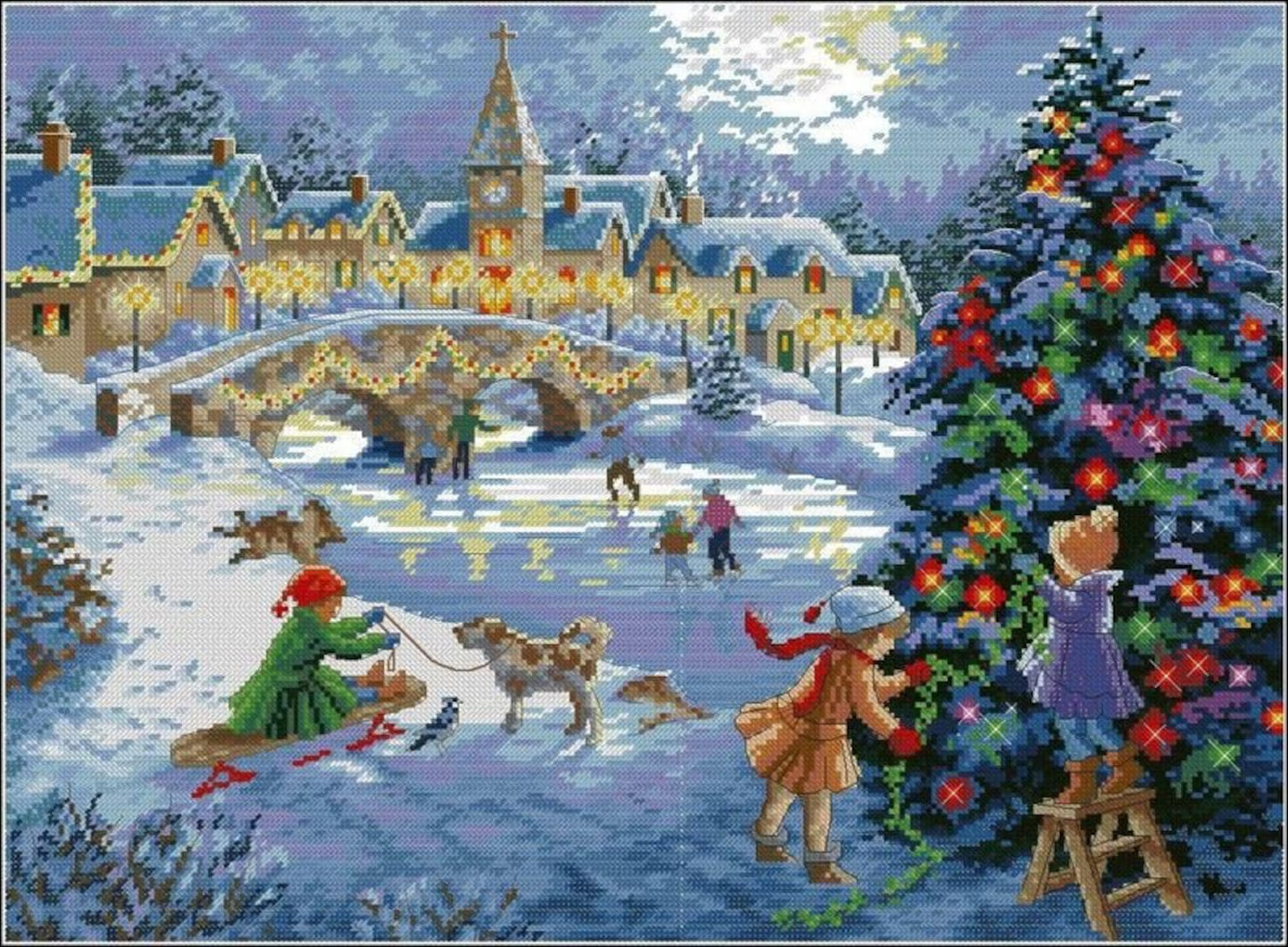 Christmas City Cross Stitch Pattern Colorful Art DIY X-stitch Needlepoint Pattern Embroidery Chart Printable Instant Download PDF Design