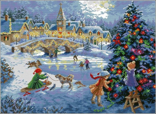 Christmas City Cross Stitch Pattern Colorful Art DIY X-stitch Needlepoint Pattern Embroidery Chart Printable Instant Download PDF Design