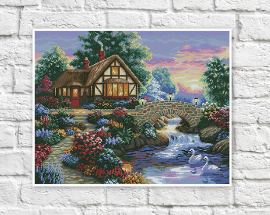 Cottage Cross Stitch Pattern Colorful Art DIY X-stitch Chart Needlepoint Pattern Embroidery Chart Printable Instant Download PDF Design