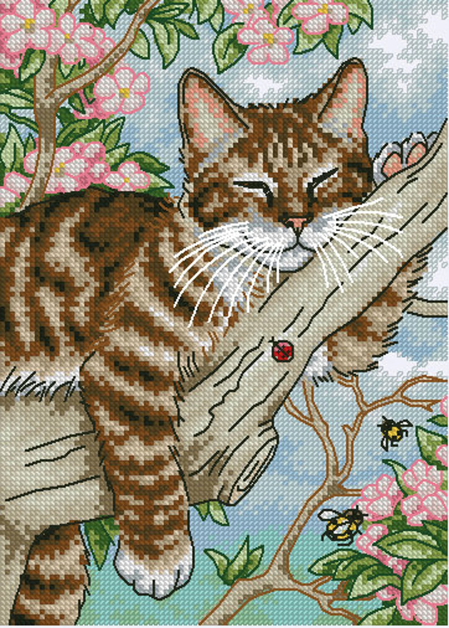 Cat on Tree Cross Stitch Pattern Colorful Art DIY X-stitch Needlepoint Pattern Embroidery Chart Printable PDF Instant Download Design Decor