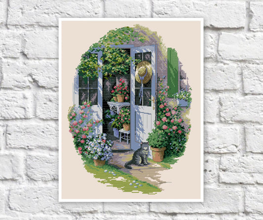 Garden Cross Stitch Pattern Door Colorful Art DIY X-stitch Chart Needlepoint Pattern Embroidery Chart Printable Instant Download PDF Design